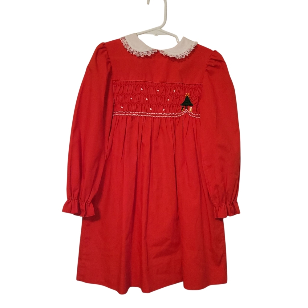 Polly Flinders Vintage EUC Red Christmas Embroidered Smocked  Dress, Size 6 - Picture 2 of 11